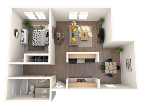 Floor plan for 1 bed, 1 bath, 633 sqft